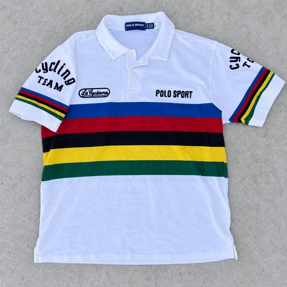 Polo Sport Ralph Lauren Cycling Team Shirt XL White Multi Stripe Vintage 90s